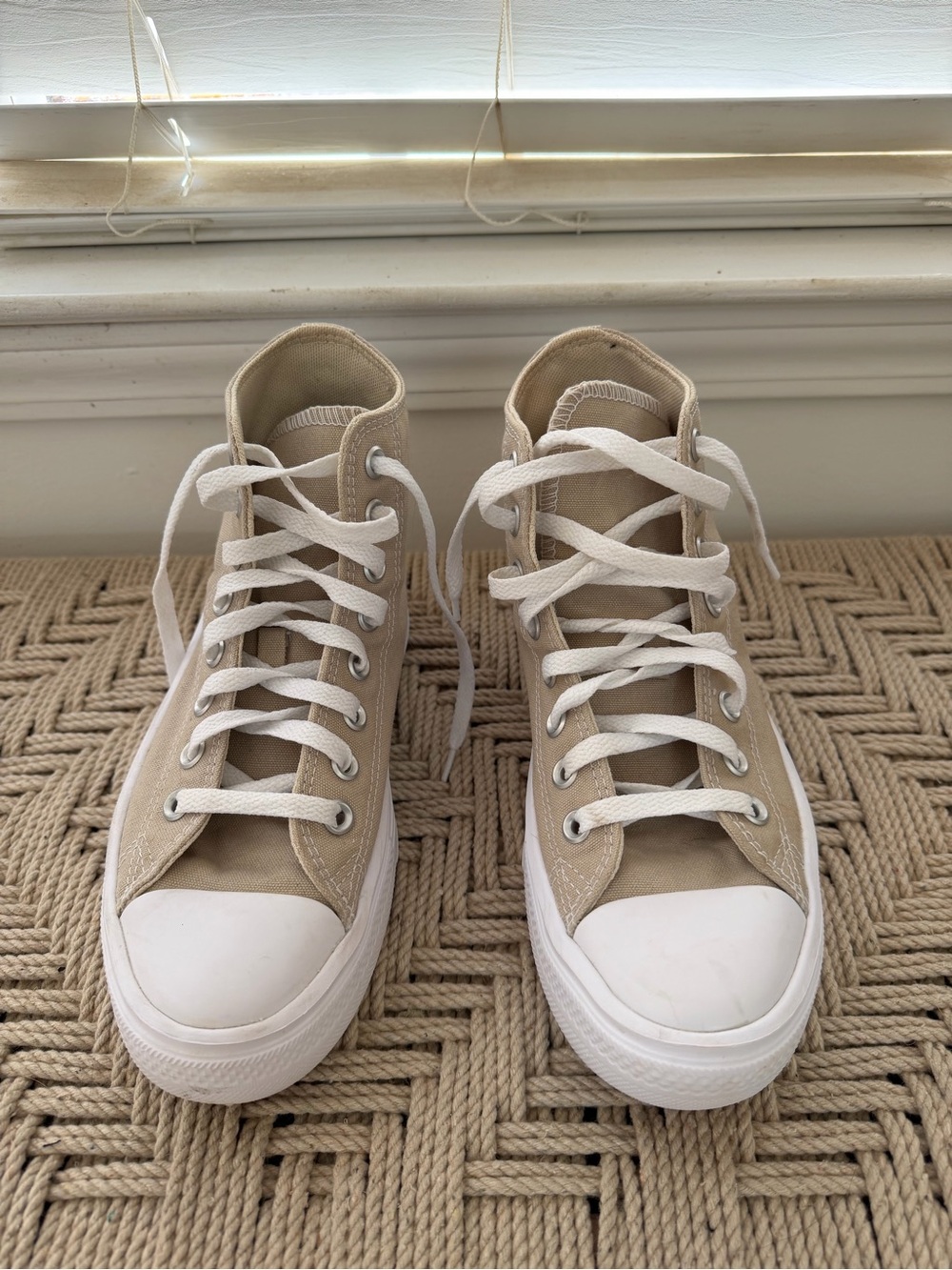 Converse Beige and White Platform High Top Sneakers - Picture 3 of 7
